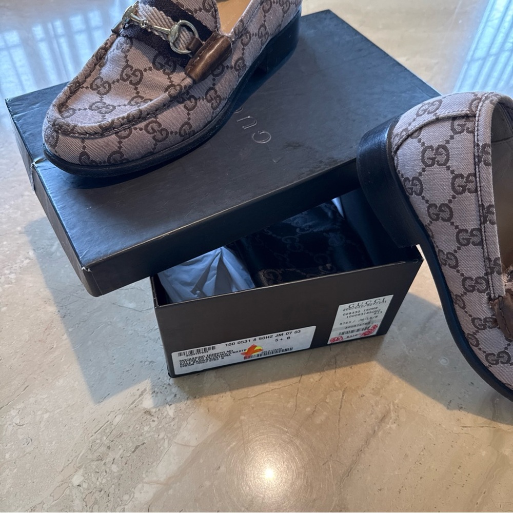 Gucci Beige and Brown Monogram Loafers
